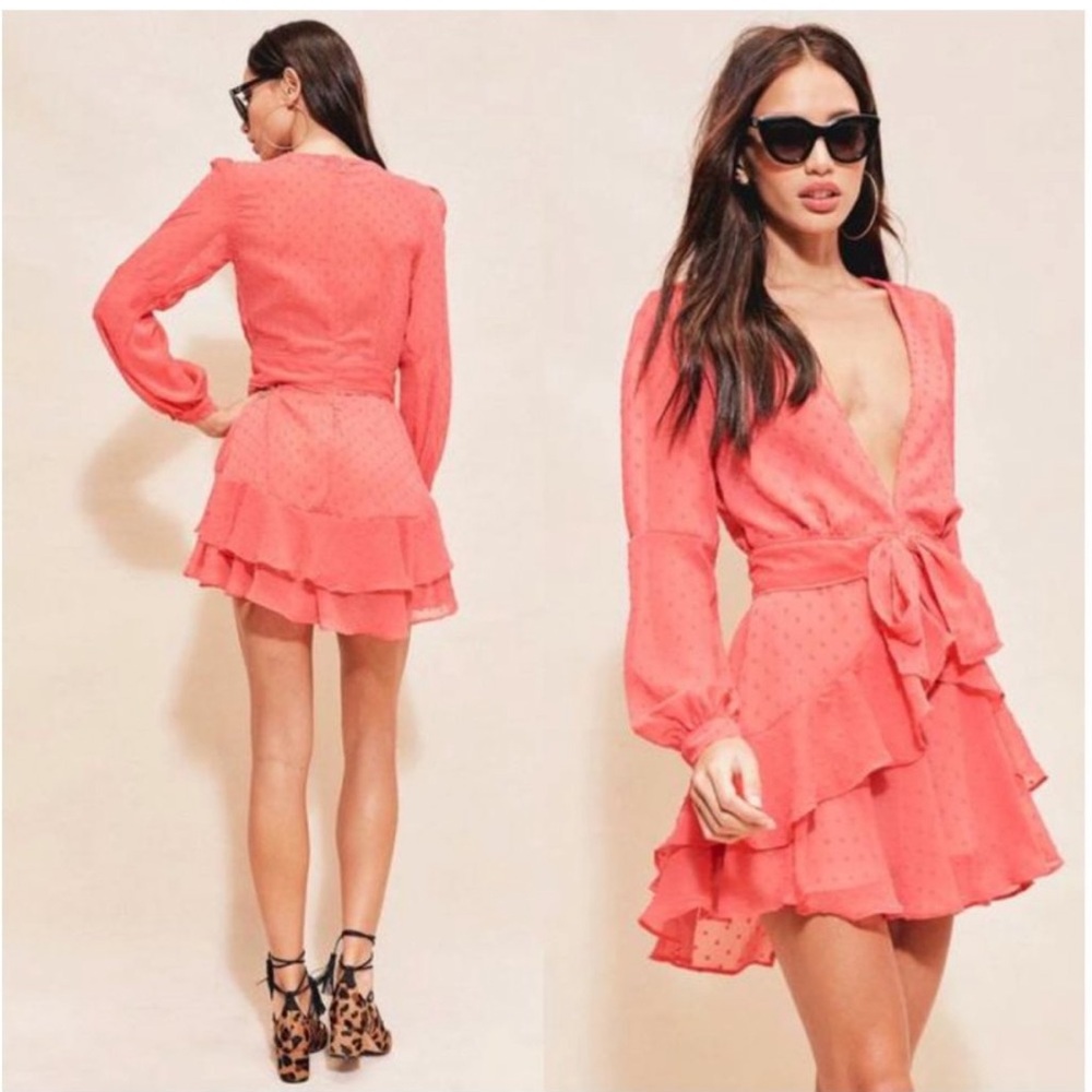 For Love & Lemons Flamingo Pink Tarta Long Sleeve Mini Dress Size: Medium